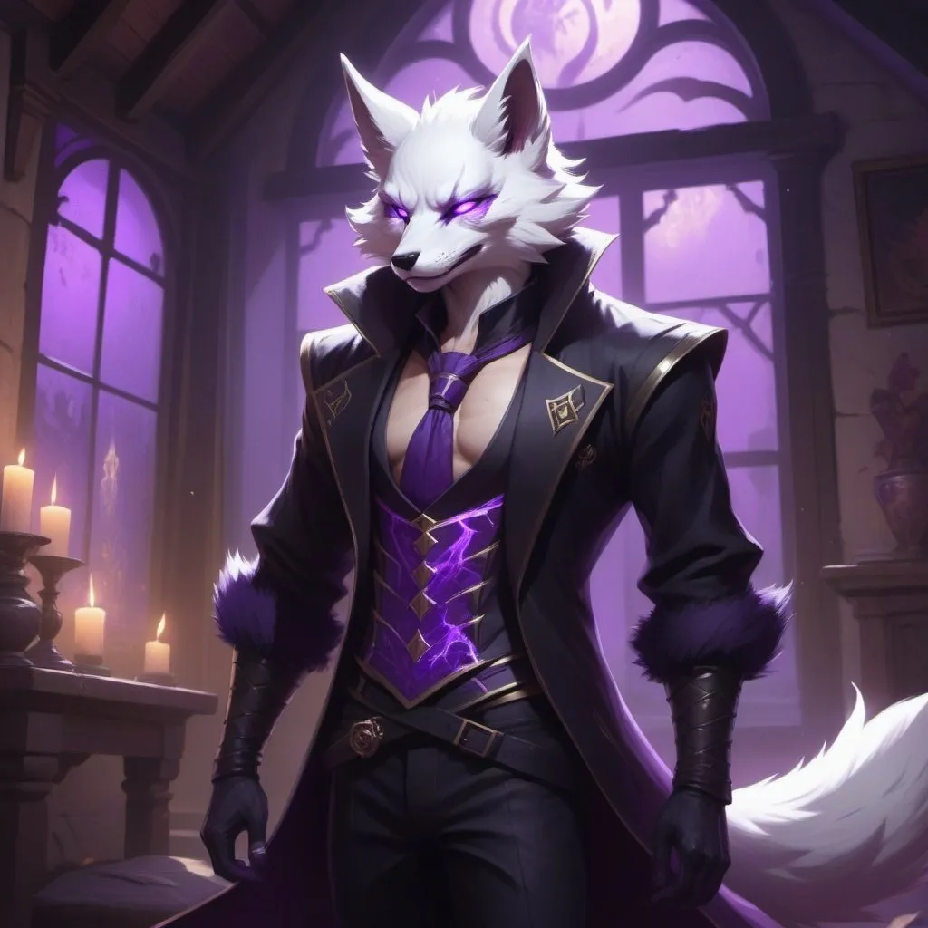 Prompt: male kitsune with furry body like a furry in a bare-chested revealing black outfit in front of the interior of an medieval aristocrat's house creates rays of purple energy, Dr. Atl, vanitas, league of legends splash art, cyberpunk art