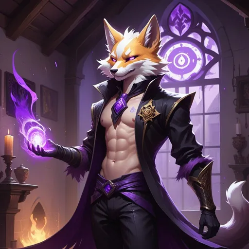 Prompt: male kitsune with furry body like a furry in a bare-chested revealing black outfit in front of the interior of an medieval aristocrat's house creates rays of purple energy, Dr. Atl, vanitas, league of legends splash art, cyberpunk art