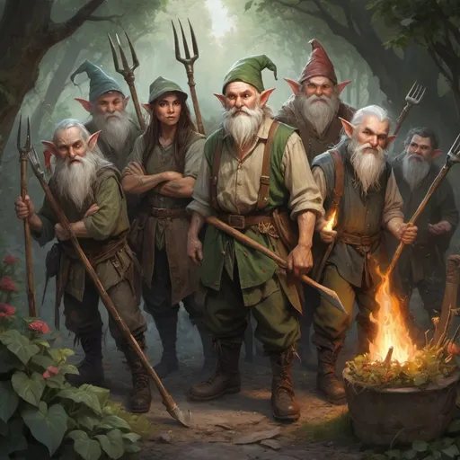 Prompt: a group of elves, gnomes and peasant people with pitchforks, torches and other garden tools in tattered clothes, Chris Rahn, fantasy art, epic fantasy character art, a character portrait