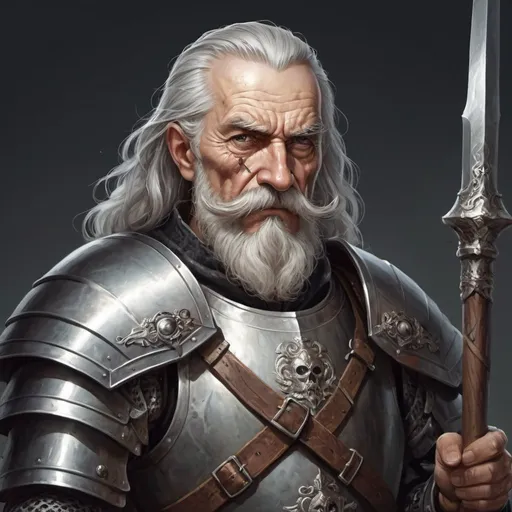 Prompt: a old man in plate armor with a mace in his hand and with eye patch on his left eye and with thick gray hair and mustache, Aleksander Gine, antipodeans, epic fantasy character art