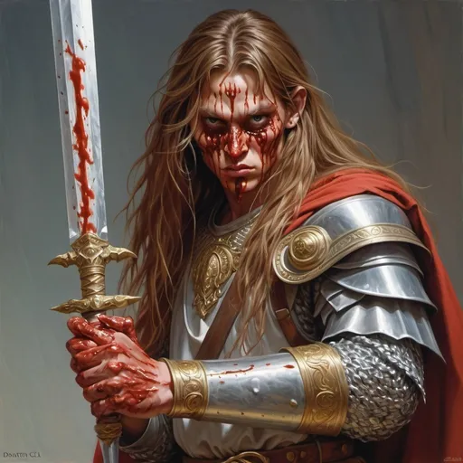 Prompt: a slime man with a long hair dressed like an slavic warrior and dressed in chain mail shirt on holding a saber in his hand and a bloody face, Donato Giancola, fantasy art, epic fantasy character art, concept art