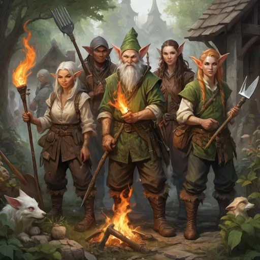 Prompt: a group of elves, gnomes, dragonborns, kitsune and humans peasant people with pitchforks, torches and other garden tools in tattered clothes, Chris Rahn, fantasy art, epic fantasy character art, a character portrait