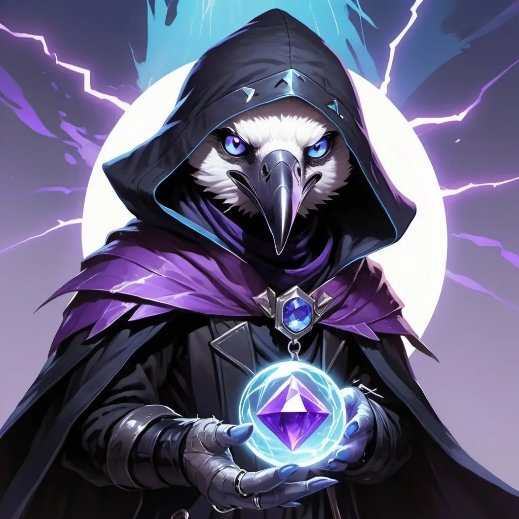 Prompt: a young friendly kenku crow upper part of the muzzle is white blue eyes in a black outfit with a silver brooch with a pale blue gem holding a purple object in his hand and a purple magical lightning in his other hand, Dr. Atl, vanitas, league of legends splash art, cyberpunk art