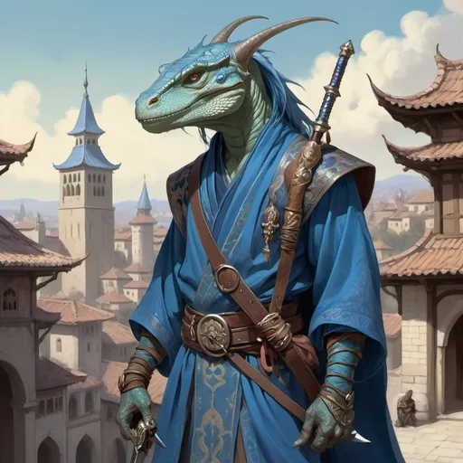 Prompt: a blue bare-chested lizardman wizard and sword and a bag on his shoulder and a 
yataghan in his hands in oriental attire in satin scarves around the neck on the body with long ears and horns, standing in front of a medieval european fantasy city background, Art of Brom, fantasy art, epic fantasy character art