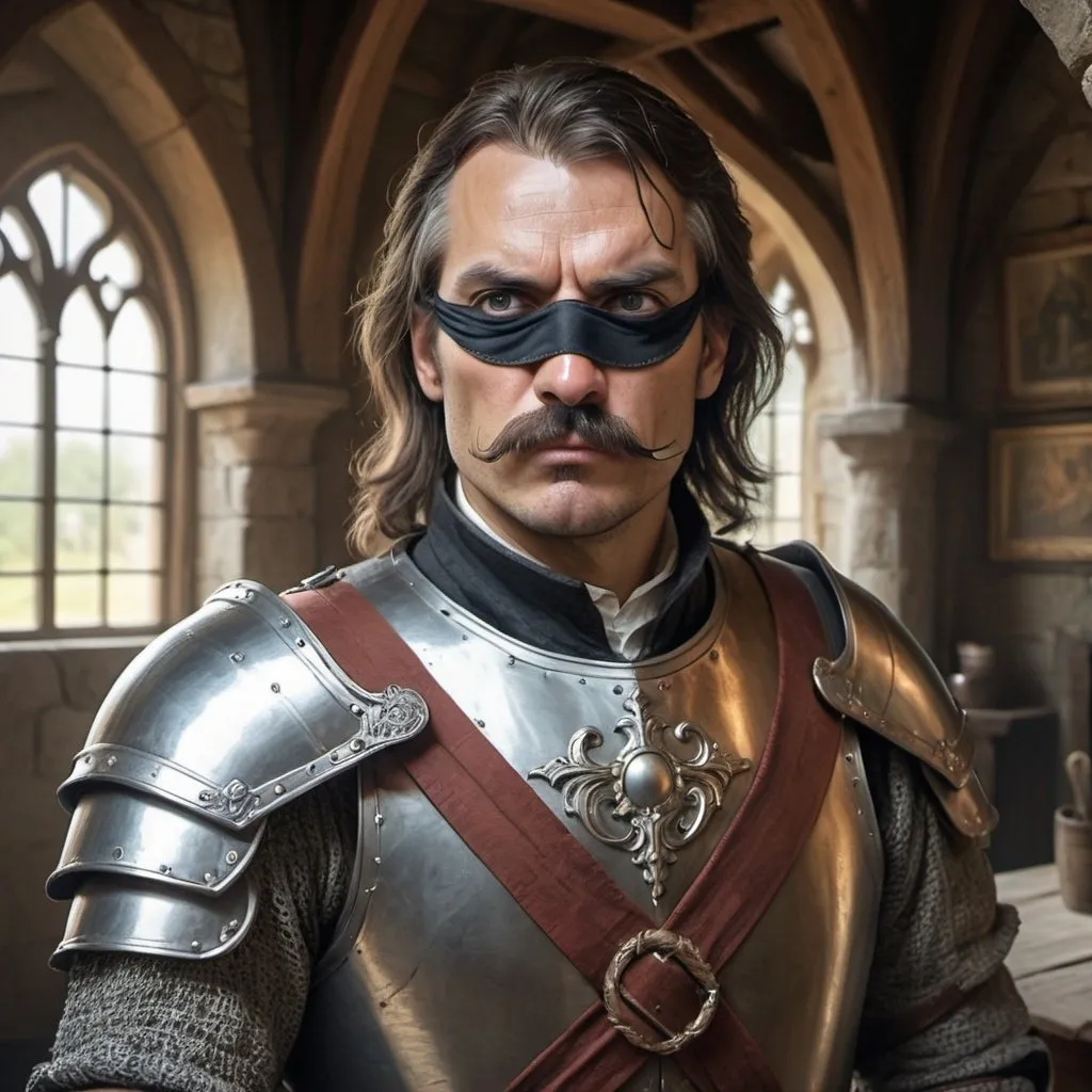 Prompt: a 40 years old man in plate armor wearing a fake eye patch with a tie covering the eye on the left eye and with thick hair and mustache standing in front of interior of medieval manor, Aleksi Briclot, antipodeans, epic fantasy character art