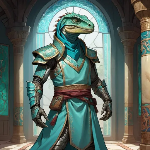 Prompt: A lizardfolk paladin with a khopesh in his right hand, slim athletic build, his muzzle looks like a velociraptor, he smiles reservedly, his scales are pale blue, he mysteriously looks somewhere into the distance. He is dressed in oriental style metal heavy armor. Behind his back is a turquoise cloak. He stands against the background of a fantasy temple interior, colored stained glass windows from which daylight falls, curtains hanging down to the floor. Highly detailed.
