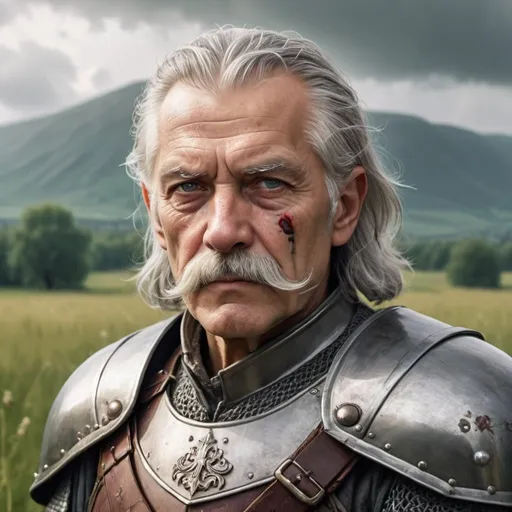 Prompt: a old man in armor with eye patch on his left eye and with thick gray hair and mustache, stands against the backdrop of a meadow in cloudy weather, Aleksander Gine, antipodeans, epic fantasy character art