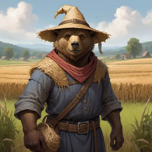 Prompt: a bearfolk-peasant from DnD with straw peasant hat is standing in a medieval peasant fields in the background, Chris Rahn, fantasy art, epic fantasy character art, a character portrait