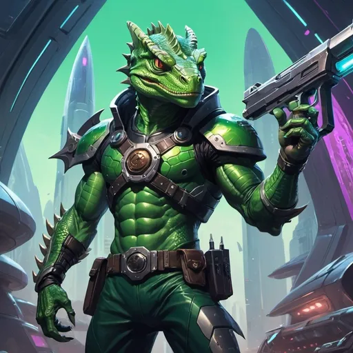 Prompt: A muscular green lizardman with a syringe-pistol in his hands, dressed in armor, stands against the backdrop of a futuristic spaceship, Dr. Atl, vanitas, league of legends splash art, cyberpunk art