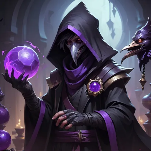 Prompt: a kenku in a black outfit holding a purple object in his hand and a purple object in his other hand, Dr. Atl, vanitas, league of legends splash art, cyberpunk art