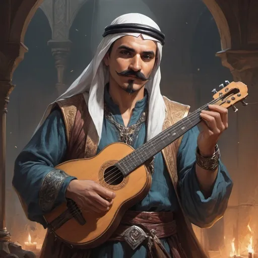 Prompt: a arabian man with a mustache, he is a bard from Dungeons and Dragons, 
hold a musical instrument in hands, Aleksi Briclot, antipodeans, epic fantasy character art