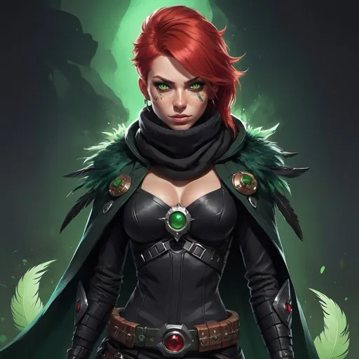 Prompt: a scandinavian woman monster hunter with red hair and green eyes wearing a black outfit and cape and a black scarf with green feathers on her head and a black snood around her neck and on her chest, full length, Dr. Atl, vanitas, league of legends splash art, cyberpunk art