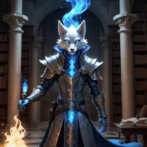 Prompt: A slender humanoid grey kitsune in the stylish armor of a sorcerer with a metal rod in his hands creates a funnel of magical blue flame in front of interior of a stone mansion with a library in the midnight, Dr. Atl, vanitas, league of legends splash art, cyberpunk art