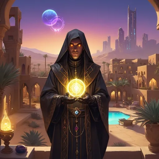 Prompt: a priest dressed as a Bedouin with glowing eyes with light magic in his hands in front of richly furnished apartments of an aristocrat with windows and views of the city in the desert with gardens and pools, Dr. Atl, vanitas, league of legends splash art, cyberpunk art