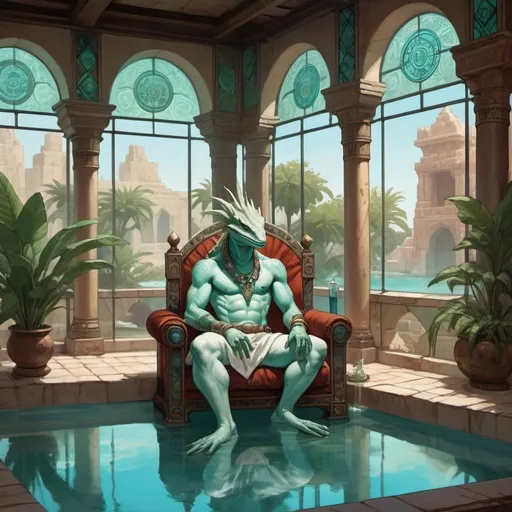 Prompt: a white lizardman bard relaxing in the thermal baths in front of interior with sea green cotton curtains and hookah in front of aztec temple interior with stained glass windows and pools and vegetation, Art of Brom, fantasy art, epic fantasy character art, concept art