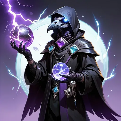 Prompt: a young friendly kenku crow in a black outfit with a silver brooch with a pale blue gem holding a purple object in his hand and a purple magical lightning in his other hand, Dr. Atl, vanitas, league of legends splash art, cyberpunk art