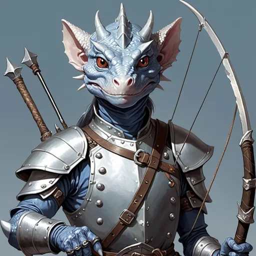Prompt: a silver lizard-kobold from Dungeons and Dragons with a horned head and a bow in his hand wearing light pale indigo leather japanese armor with metal plates, holding a bow at the ready in his hand, Art of Brom, sots art, epic fantasy character art, a character portrait