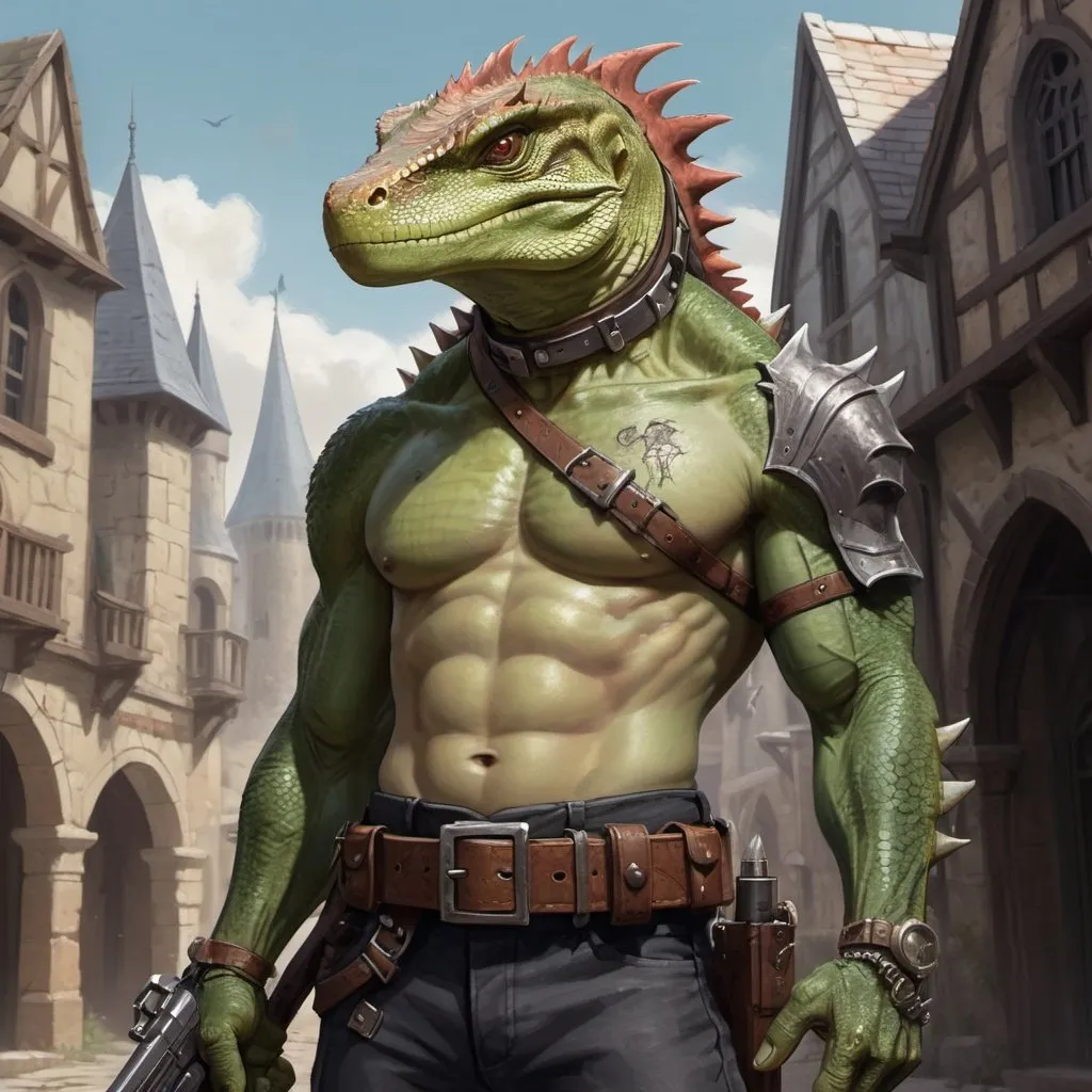 Prompt: a bare chested lizardman with scars on his chest holding a hand cannon in his hand, with antique pistols on his belt, standing in front of medieval buildings, Adam Rex, furry art, epic fantasy character art, concept art