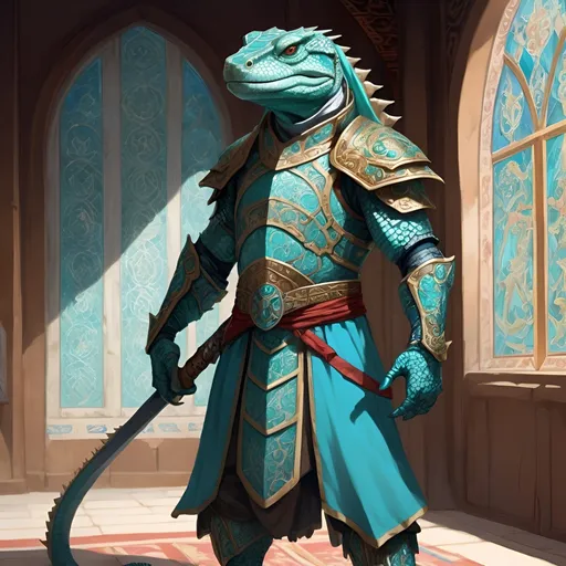 Prompt: A lizardfolk paladin with a khopesh in his right hand, slim athletic build, his muzzle looks like a cayman, he smiles reservedly, his scales are pale blue, he mysteriously looks somewhere into the distance. He is dressed in oriental style metal heavy armor. Behind his back is a turquoise cloak. He stands against the background of a fantasy temple interior, colored stained glass windows from which daylight falls, curtains hanging down to the floor. Highly detailed.