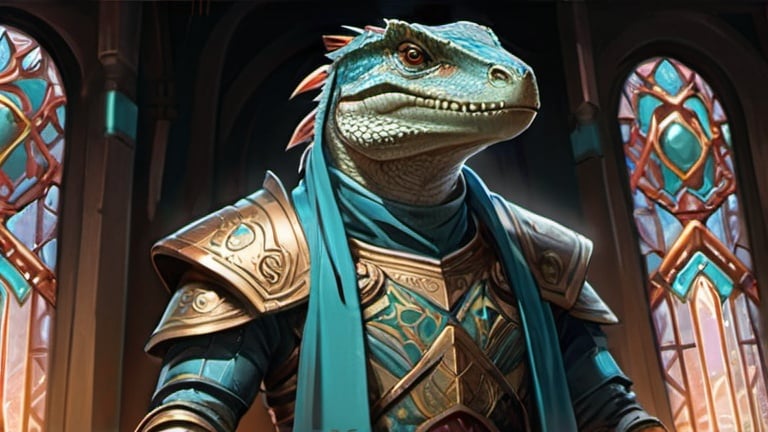 Prompt: A lizardfolk paladin with a khopesh in his right hand, slim athletic build, his muzzle looks like a velociraptor, he smiles reservedly, his scales are pale blue, he mysteriously looks somewhere into the distance. He is dressed in oriental style metal heavy armor. Behind his back is a turquoise cloak. He stands against the background of a fantasy temple interior, colored stained glass windows from which daylight falls, curtains hanging down to the floor. Highly detailed.