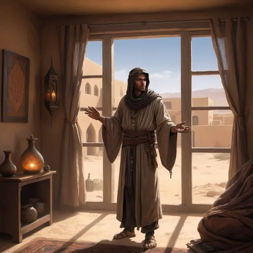 Prompt: a man priest dressed as a Bedouin casts a spell standing in front of apartments interior with window, Chris Rahn, fantasy art, epic fantasy character art, a character portrait