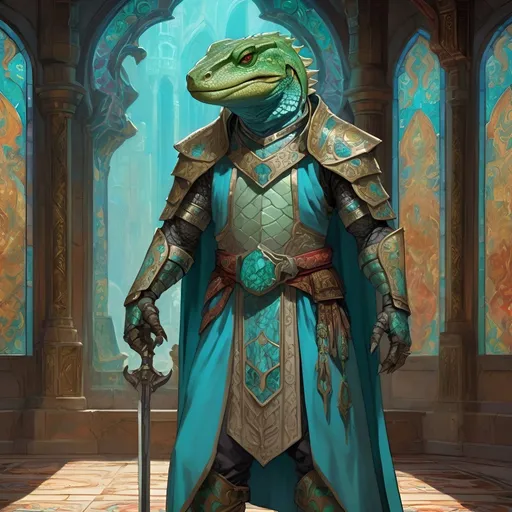 Prompt: A lizardfolk paladin with a khopesh in his right hand, he stands against the background of a fantasy temple interior, his muzzle looks like a cayman, he smiles reservedly, colored stained glass windows from which daylight falls, curtains hanging down to the floor. He is dressed in oriental style metal heavy armor. Behind his back is a turquoise cloak. Its scales are pale blue. He mysteriously looks somewhere into the distance. Highly detailed.