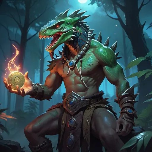 Prompt: a bare-chested lizardman shaman dressed like a medieval savage draws a magic seal in front of night forest, Dr. Atl, vanitas, league of legends splash art, cyberpunk art