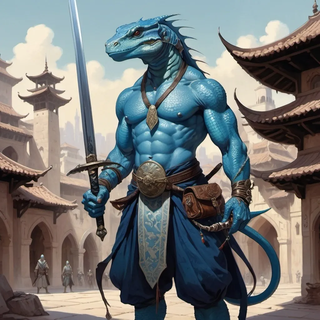 Prompt: a blue lizardman with a bare chest and sword and a bag on his shoulder and a 
yataghan in his hands in oriental attire, surrounded by magical energy, standing in front of a medieval fantasy city background, Art of Brom, fantasy art, epic fantasy character art