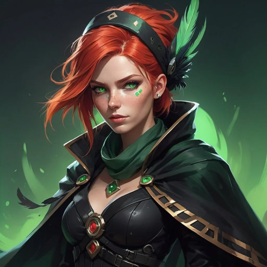 Prompt: a scandinavian woman with red hair and green eyes wearing a black outfit and a black scarf with green feathers on her head and a black scarf around her neck and and cape, Dr. Atl, vanitas, league of legends splash art, cyberpunk art