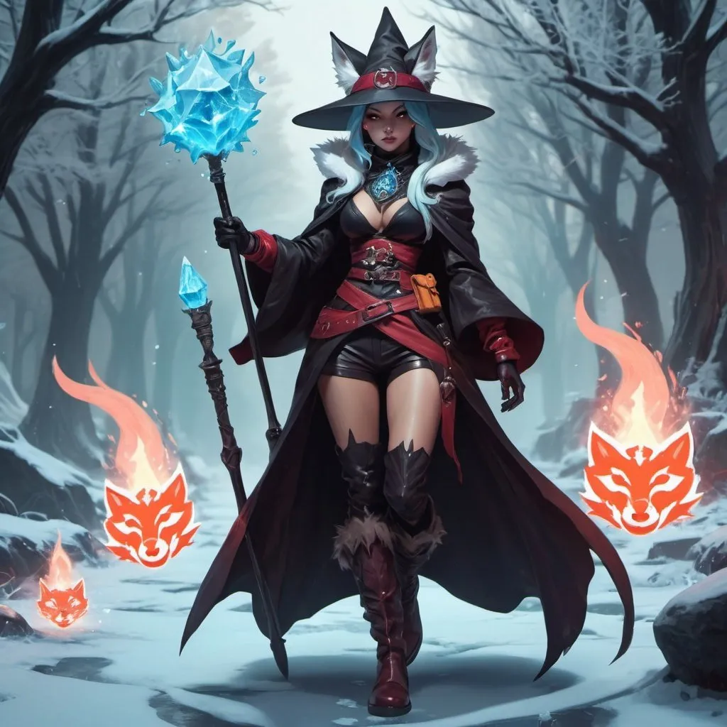 Prompt: a kitsune woman witch from Dungeons and Dragons in a mantle and boots causes a frost, Dr. Atl, vanitas, league of legends splash art, cyberpunk art