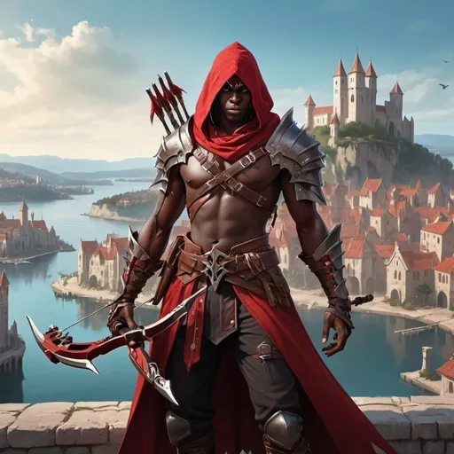 Prompt: a young dark man in a high quality assassin's clothes holding a one-handed crossbows in the pose of Valeera Sanguinar in front of medieval city with bay, Clint Cearley, fantasy art, epic fantasy character art, concept art