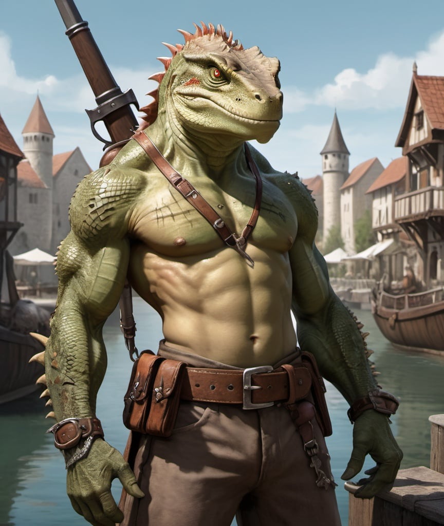 Prompt: a bare chested lizardman with scars on his chest holding a antique hand cannon in his hand standing in front of medieval harbor, with medieval hand cannons on his belt, Dirk Crabeth, furry art, epic fantasy character art, concept art