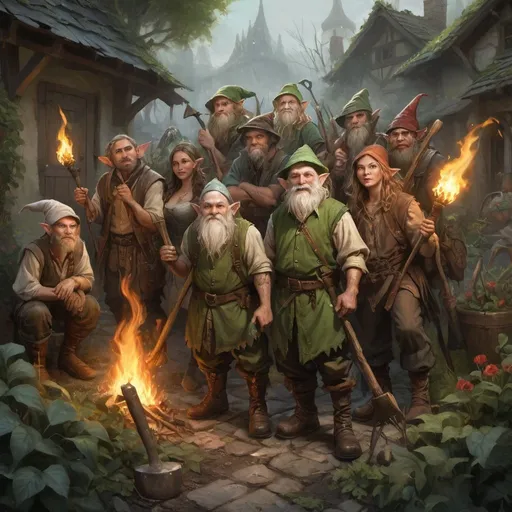 Prompt: a group of elves, gnomes and peasant people with pitchforks, torches and other garden tools in tattered clothes, Chris Rahn, fantasy art, epic fantasy character art, a character portrait