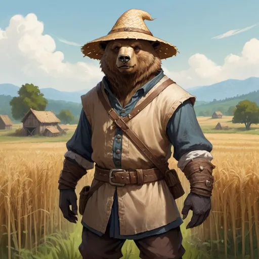 Prompt: a bearfolk from DnD with straw hat like Kopatych's is standing in a medieval peasant fields in the background, Chris Rahn, fantasy art, epic fantasy character art, a character portrait