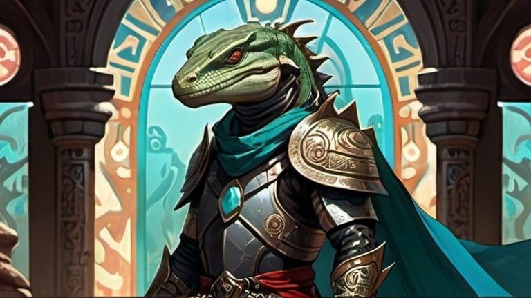 Prompt: A lizardfolk paladin with a khopesh in his right hand, slim athletic build, he smiles reservedly, his scales are black. He is dressed in oriental style metal heavy armor, he is wearing a silk scarf that flutters in the wind. Behind his back is a turquoise cloak. He stands against the background of a fantasy Aztec temple interior, colored stained glass windows from which daylight falls, curtains hanging down to the floor. Art of Brom, fantasy art, epic fantasy character art, concept art