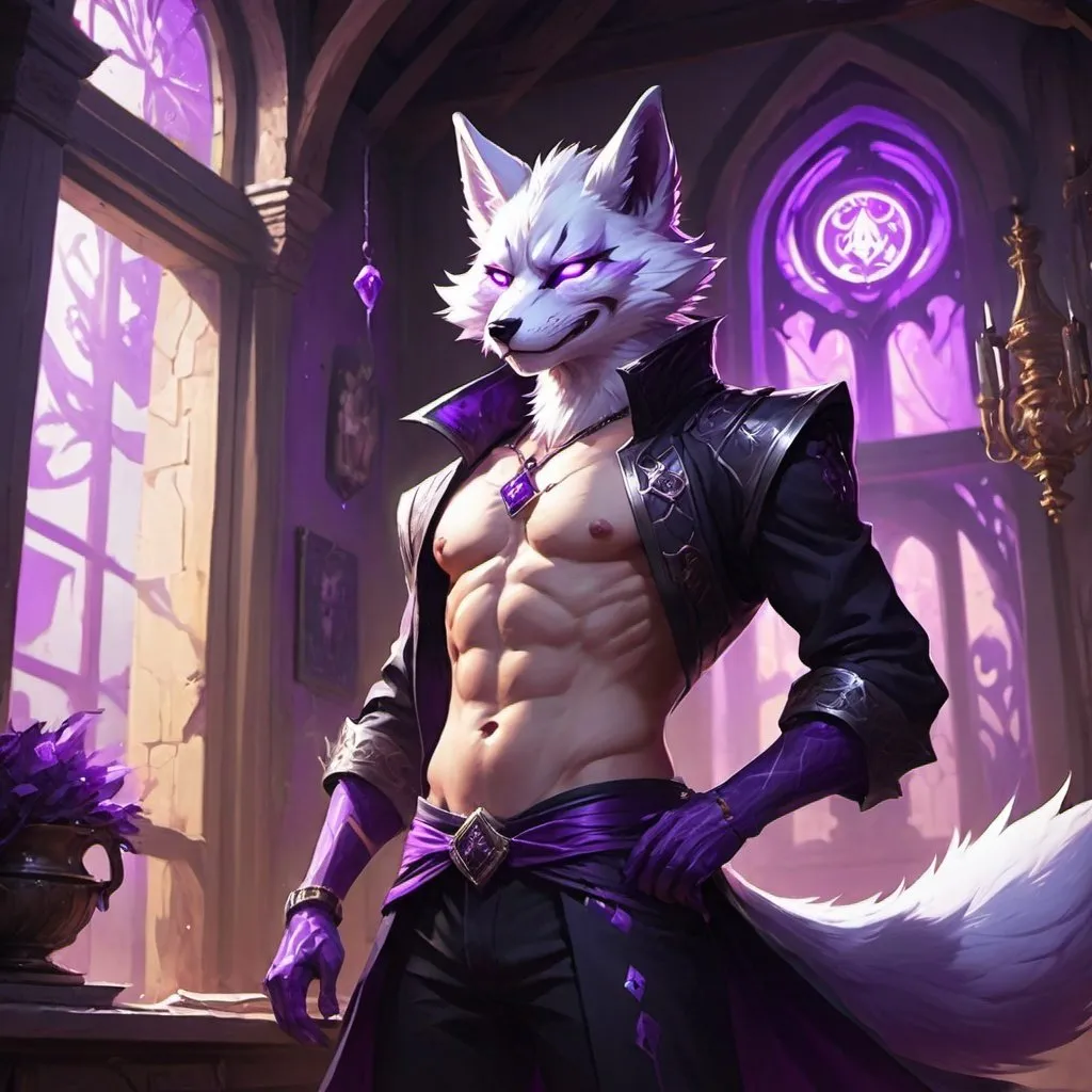 Prompt: male kitsune with furry body like a furry in a bare-chested revealing black outfit in front of the interior of an medieval aristocrat's house creates rays of purple energy, Dr. Atl, vanitas, league of legends splash art, cyberpunk art