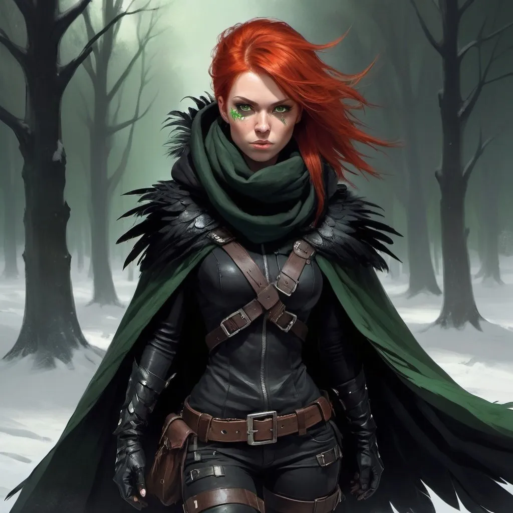 Prompt: a scandinavian woman monster hunter with red hair and green eyes wearing a black outfit and a black scarf with green feathers on her head and a black snood around her neck and and cape and in Wellingtons, full length, Aleksi Briclot, gothic art, deviantart artstation, a fine art painting