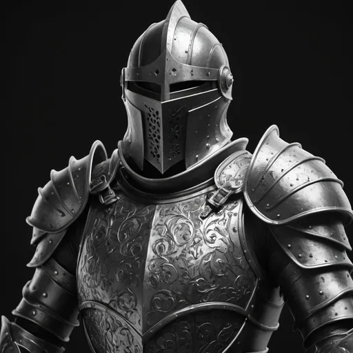 Prompt: a black and white photo of a black knight armor with metal flakes on it's chest and shoulders, without helmet, with a background, Andries Stock, photorealism, piece of armor, an ambient occlusion render