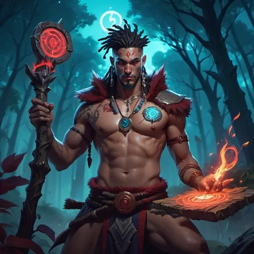 Prompt: a bare-chested shaman dressed like a medieval savage draws a magic seal in front of night forest, Dr. Atl, vanitas, league of legends splash art, cyberpunk art