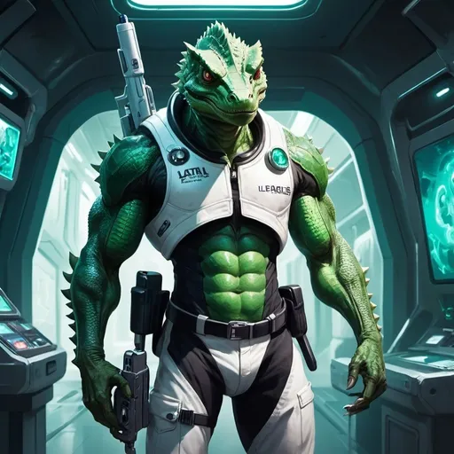 Prompt: A muscular green lizardman with a syringe-pistol in his hands dressed in a tight white medical overall stands against the interior of a futuristic spaceship, Dr. Atl, vanitas, league of legends splash art, cyberpunk art