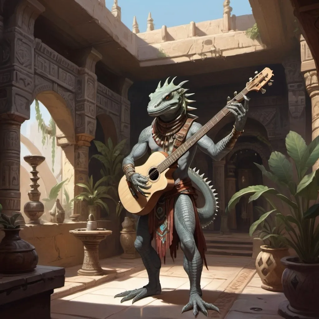Prompt: a grey lizardman bard with a musical instrument in his hand standing in front of interior of aztec tavern interior in Byzantine style with pools and hookah and vegetation, Art of Brom, fantasy art, epic fantasy character art, concept art