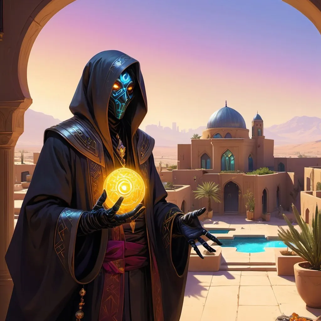 Prompt: a man-priest dressed as a Bedouin with glowing eyes with light in his hands in front of richly furnished apartments of an aristocrat with large windows and views of the city in the desert with gardens and pools during the day, Dr. Atl, vanitas, league of legends splash art, cyberpunk art