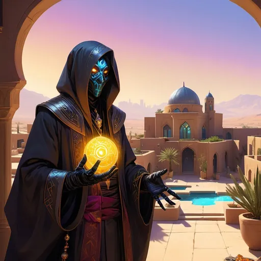 Prompt: a man-priest dressed as a Bedouin with glowing eyes with light in his hands in front of richly furnished apartments of an aristocrat with large windows and views of the city in the desert with gardens and pools during the day, Dr. Atl, vanitas, league of legends splash art, cyberpunk art