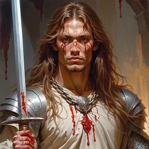 Prompt: a tall man with a long hair  dressed like an slavic warrior and lacerated chain mail shirt on holding a saber in his hand and a bloody face, Donato Giancola, fantasy art, epic fantasy character art, concept art