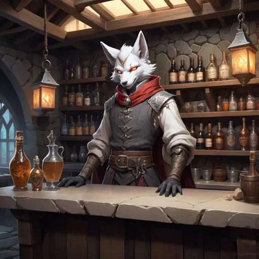 Prompt: A slender humanoid grey kitsune dressed as a medieval innkeeper stands behind the tavern counter in front of interior of a fantasy stone tavern, male, Dr. Atl, vanitas, league of legends splash art, cyberpunk art