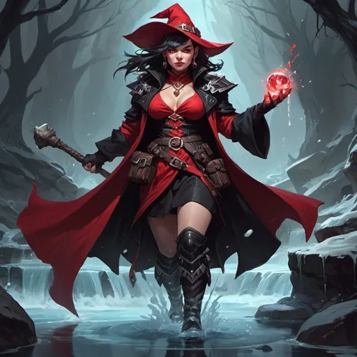 Prompt: a dwarf woman witch from Dungeons and Dragons in a red and black dress and a black coat and boots causes a streams of cold, Dr. Atl, vanitas, league of legends splash art, cyberpunk art
