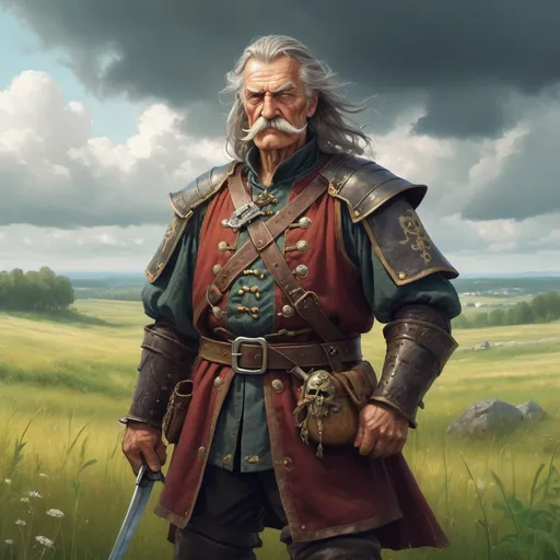 Prompt: a old man in Hussite armor with eye patch on his left eye only like a pirate and with thick hair and mustache, stands against the backdrop of a meadow in cloudy weather, Aleksander Gine, antipodeans, epic fantasy character art