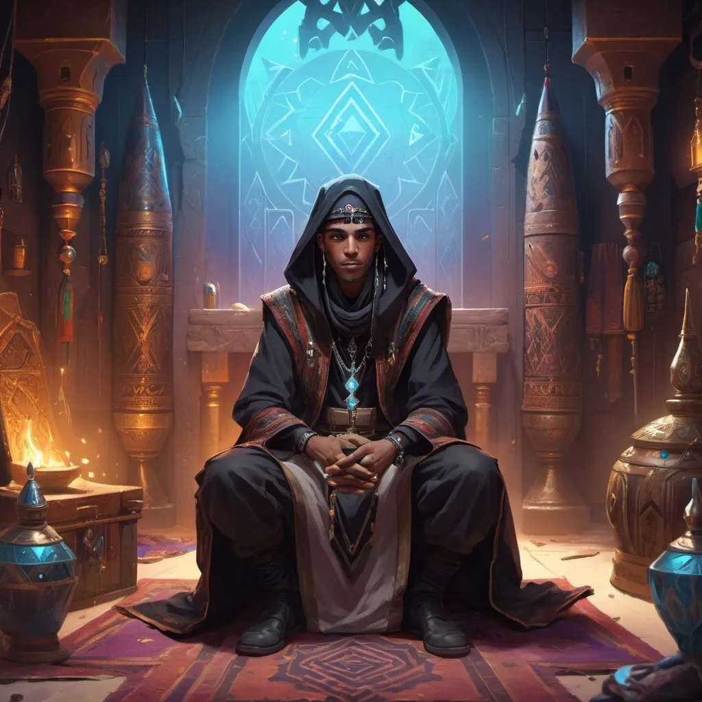 Prompt: a young man-priest dressed as a Bedouin sitting on his knees in front of richly decorated wizard’s chambers during the day, Dr. Atl, vanitas, league of legends splash art, cyberpunk art