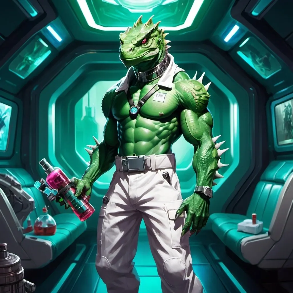 Prompt: A muscular green lizardman with a syringe pistol in his hands dressed in a tight white medical overall with flasks on his belt stands against the interior of a futuristic spaceship, Dr. Atl, vanitas, league of legends splash art, cyberpunk art