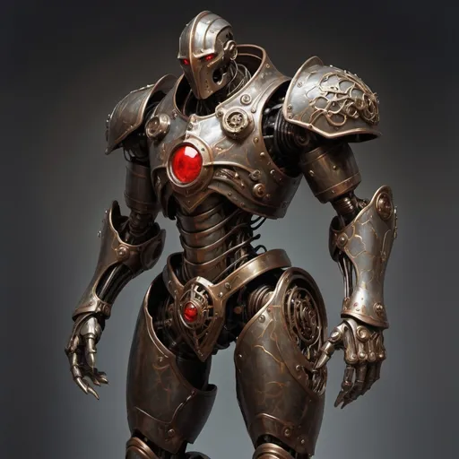 Prompt: a warforged or a robot with cords resembling tree roots reinforced with alchemical fluids serve as muscles that are contained within a bronze frame, the bronze frame resembles the armor of a knight, warforged have beautiful face without a mouth with a hinged jaw and crystalline eyes built under the brow ridges and there is a red spot or mark on the robot's forehead, full-length, neutral dark background, Donato Giancola, altermodern, steampunk